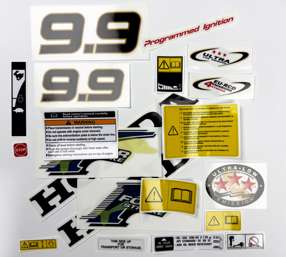 Vinyl graphic decals set suitable for Honda 9.9 hp four stroke outboard engine. Vinyl stickers kit for Honda 9.9 hp four stroke Handmade