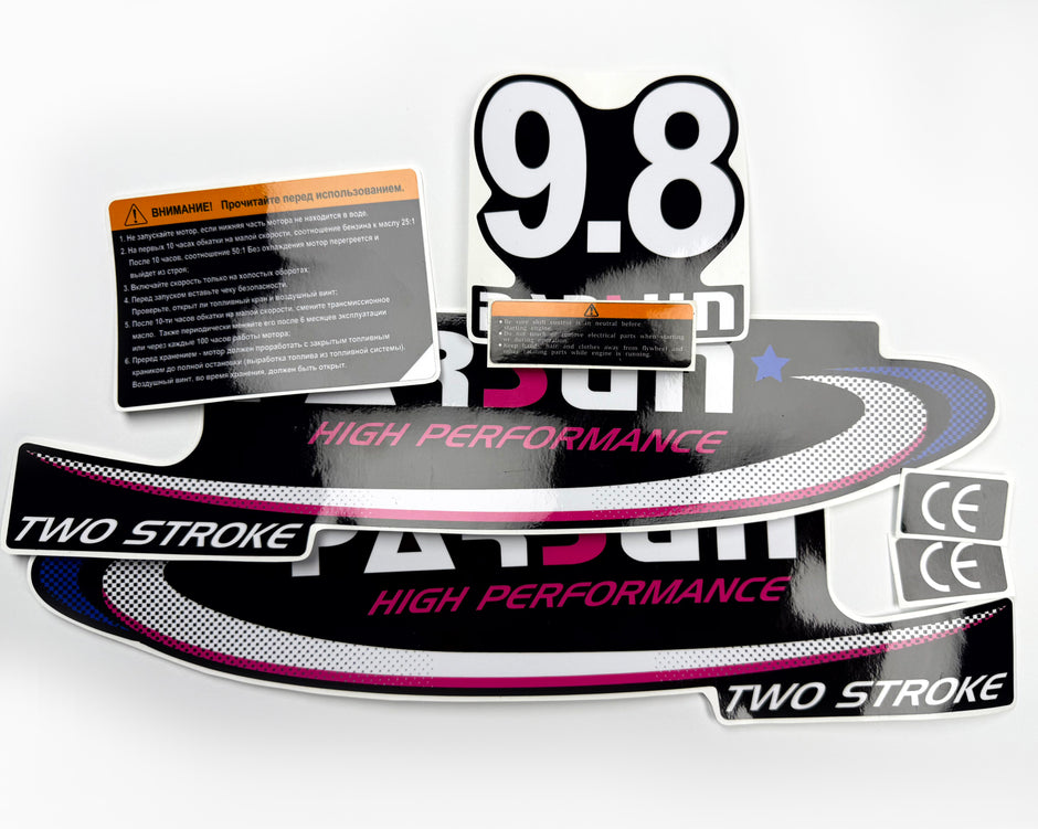 Vinyl graphic decals set suitable for Parsun 9.8 hp two stroke outboard engine. Vinyl stickers kit for Parsun 9.8  hp two stroke Handmade
