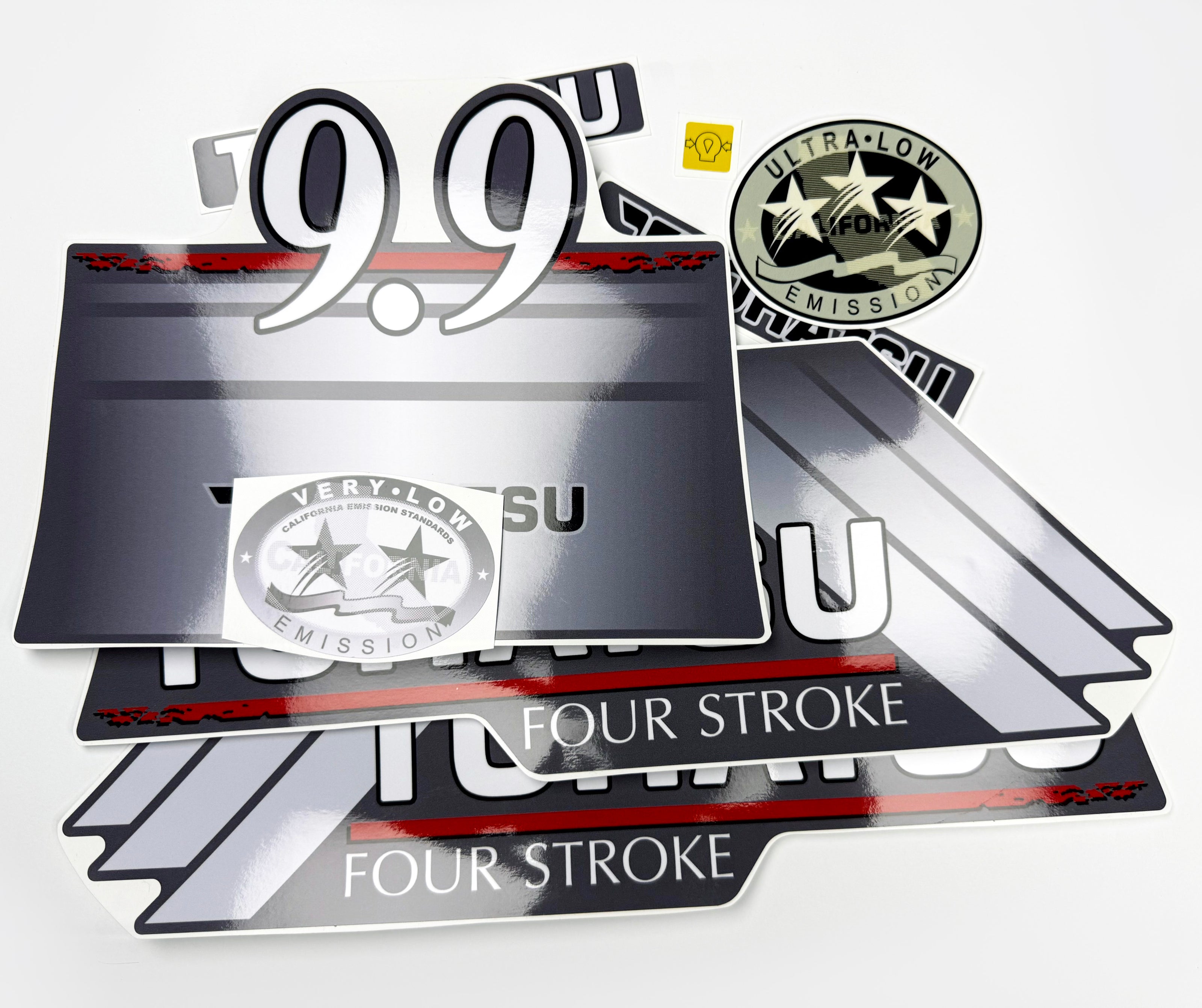 Vinyl graphic grey color decals set suitable for Tohatsu 9.9 hp four stroke outboard engine. Vinyl stickers kit for Tohatsu 9.9 hp four stroke Handmade