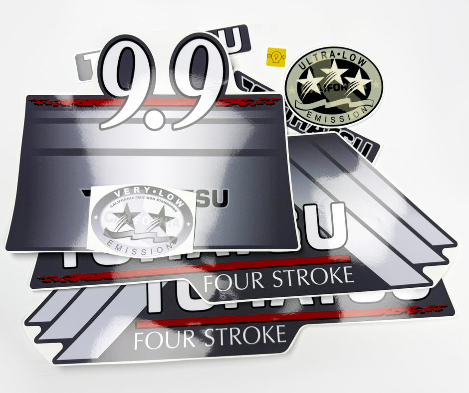 Vinyl graphic grey color decals set suitable for Tohatsu 9.9 hp four stroke outboard engine. Vinyl stickers kit for Tohatsu 9.9 hp four stroke Handmade