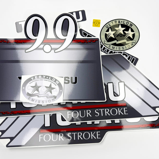 Vinyl graphic grey color decals set suitable for Tohatsu 9.9 hp four stroke outboard engine. Vinyl stickers kit for Tohatsu 9.9 hp four stroke Handmade