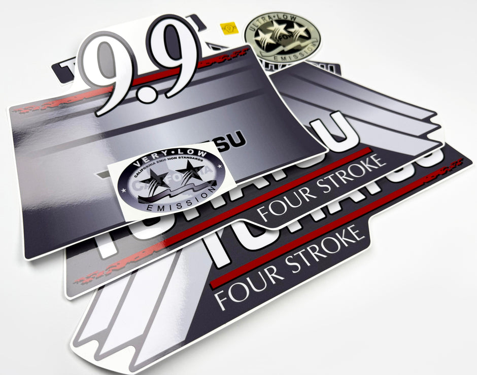Vinyl graphic grey color decals set suitable for Tohatsu 9.9 hp four stroke outboard engine. Vinyl stickers kit for Tohatsu 9.9 hp four stroke Handmade