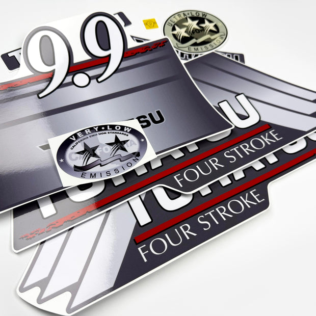 Vinyl graphic grey color decals set suitable for Tohatsu 9.9 hp four stroke outboard engine. Vinyl stickers kit for Tohatsu 9.9 hp four stroke Handmade