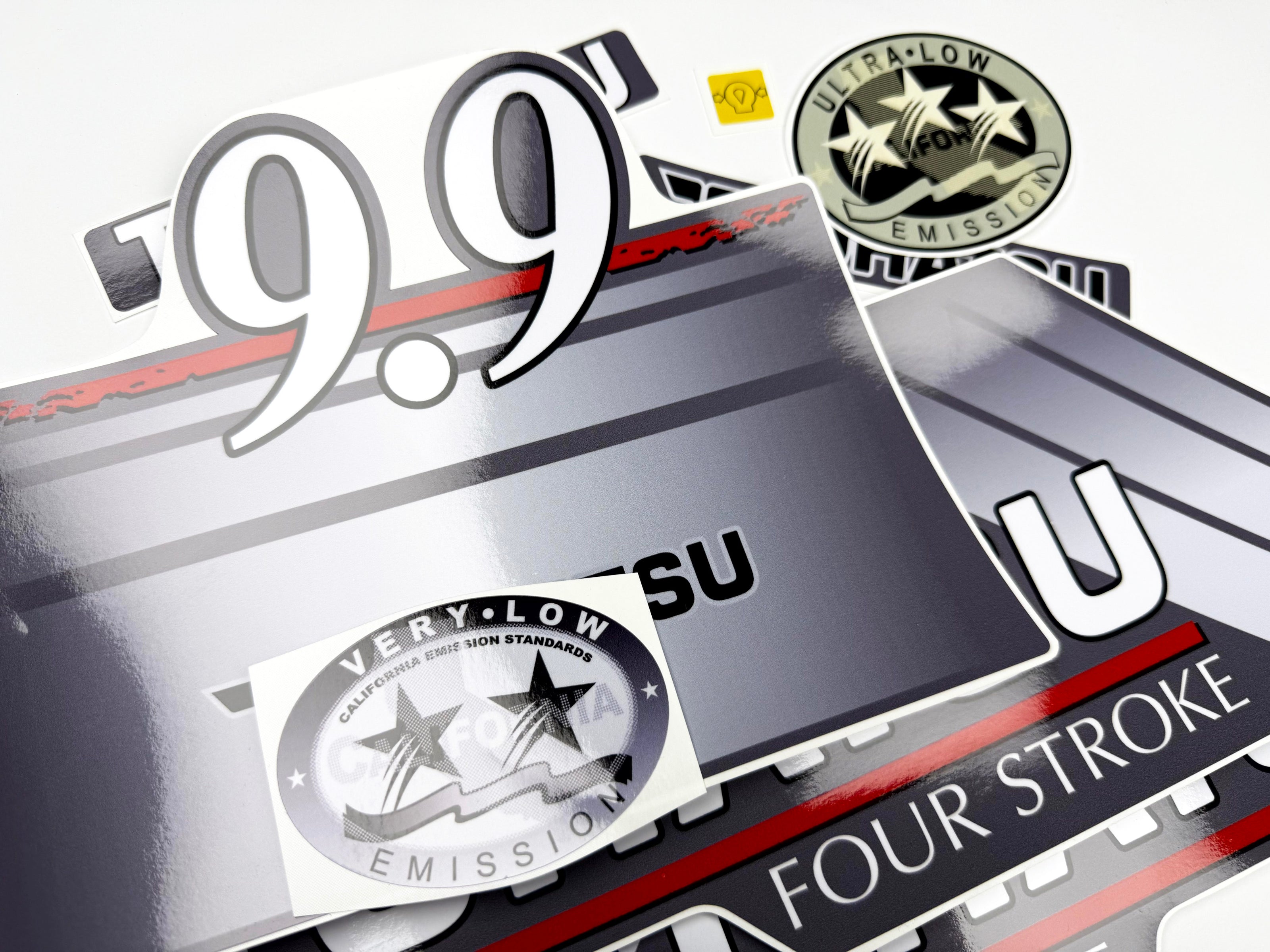 Vinyl graphic grey color decals set suitable for Tohatsu 9.9 hp four stroke outboard engine. Vinyl stickers kit for Tohatsu 9.9 hp four stroke Handmade
