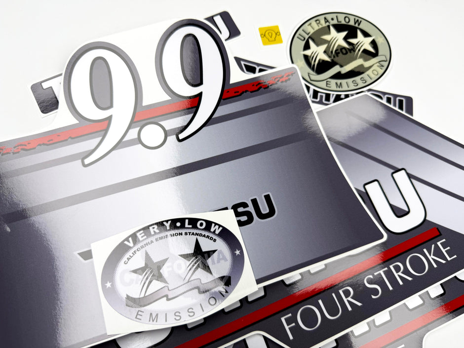 Vinyl graphic grey color decals set suitable for Tohatsu 9.9 hp four stroke outboard engine. Vinyl stickers kit for Tohatsu 9.9 hp four stroke Handmade