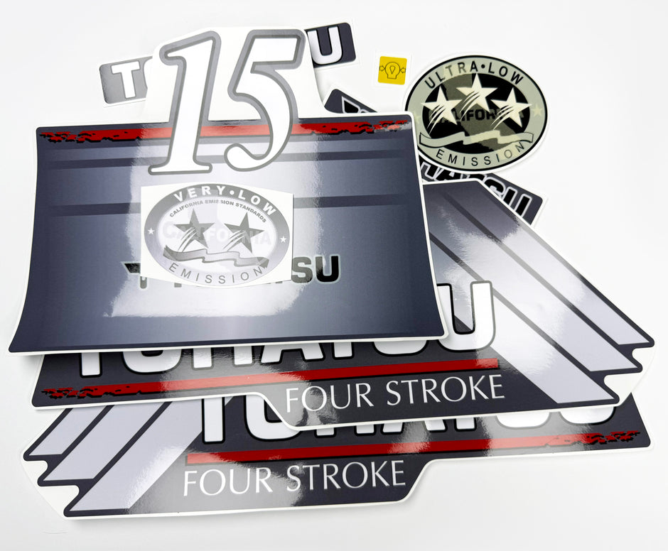 Vinyl graphic grey color decals set suitable for Tohatsu 15 hp four stroke outboard engine. Vinyl stickers kit for Tohatsu 15 hp four stroke Handmade