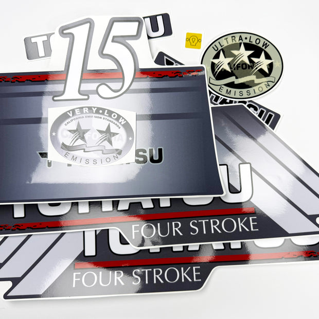 Vinyl graphic grey color decals set suitable for Tohatsu 15 hp four stroke outboard engine. Vinyl stickers kit for Tohatsu 15 hp four stroke Handmade