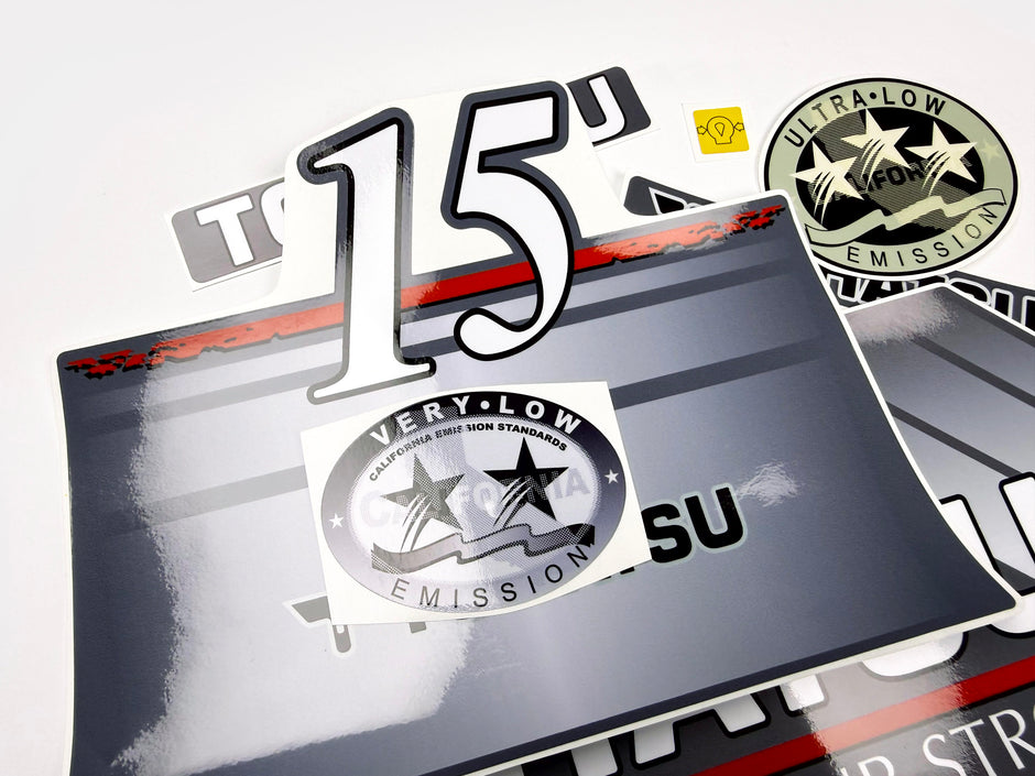 Vinyl graphic grey color decals set suitable for Tohatsu 15 hp four stroke outboard engine. Vinyl stickers kit for Tohatsu 15 hp four stroke Handmade