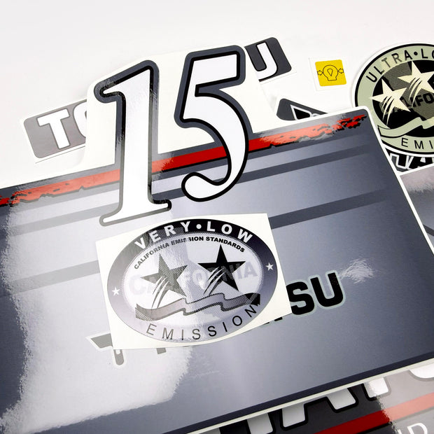 Vinyl graphic grey color decals set suitable for Tohatsu 15 hp four stroke outboard engine. Vinyl stickers kit for Tohatsu 15 hp four stroke Handmade
