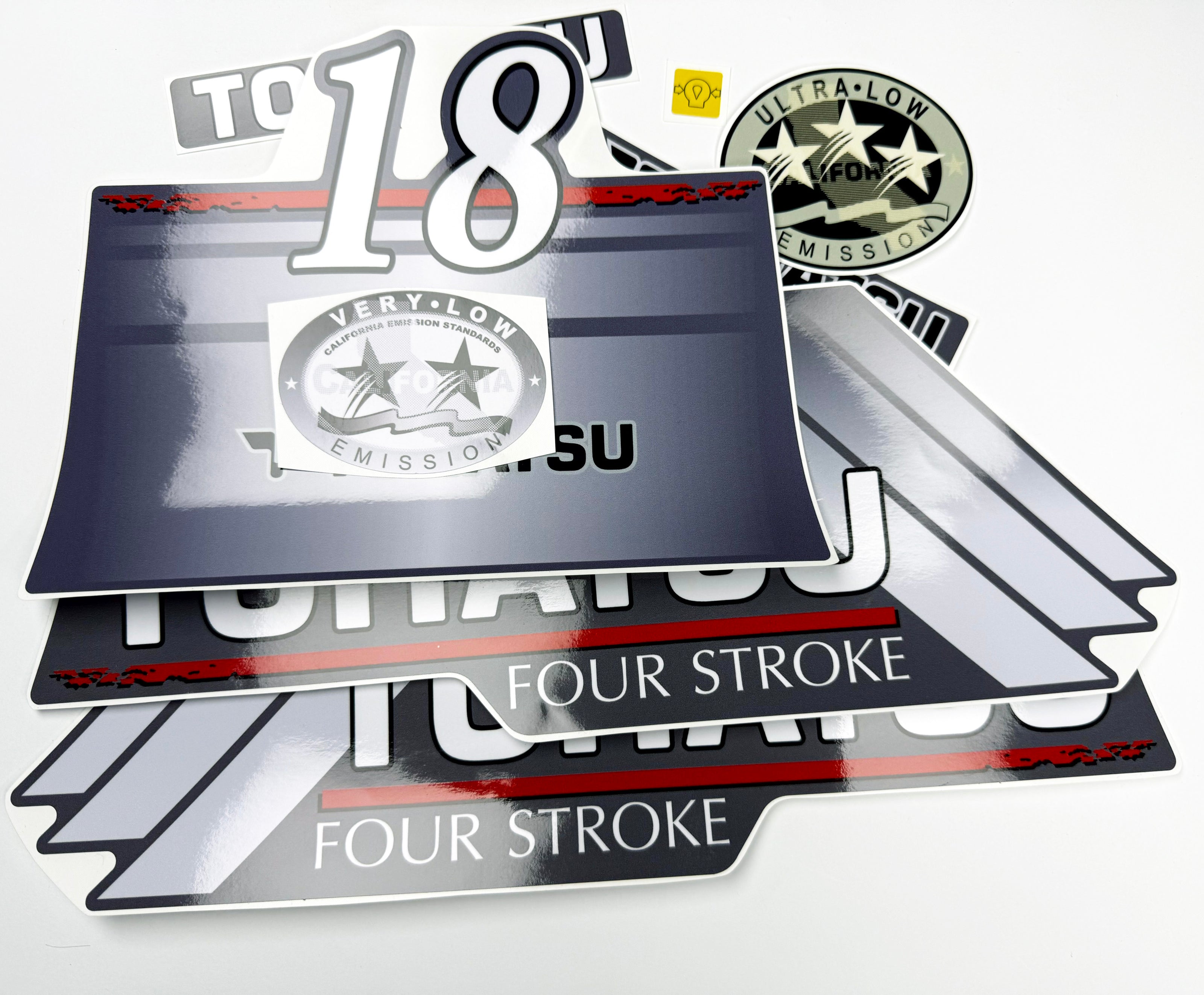 Vinyl graphic grey color decals set suitable for Tohatsu 18 hp four stroke outboard engine. Vinyl stickers kit for Tohatsu 18 hp four stroke Handmade