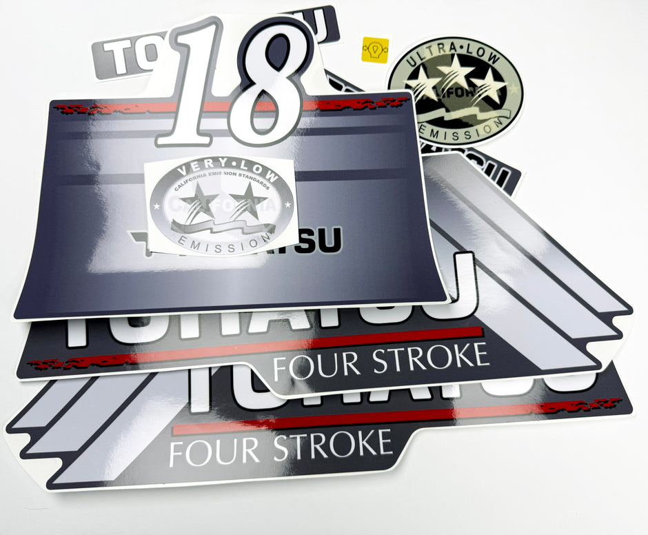 Vinyl graphic grey color decals set suitable for Tohatsu 18 hp four stroke outboard engine. Vinyl stickers kit for Tohatsu 18 hp four stroke Handmade