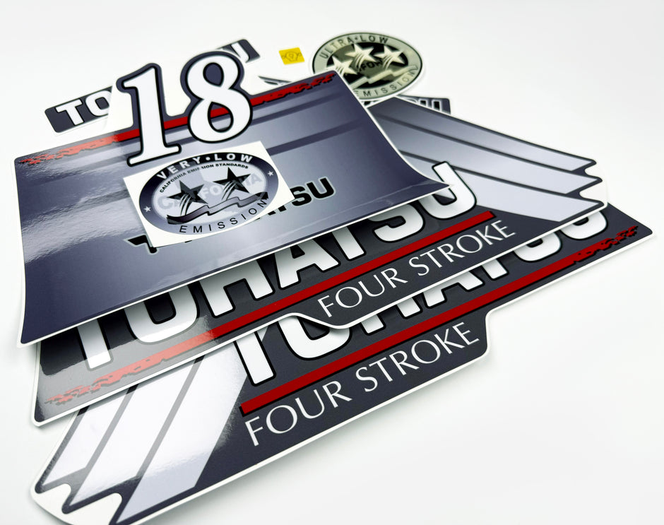 Vinyl graphic grey color decals set suitable for Tohatsu 18 hp four stroke outboard engine. Vinyl stickers kit for Tohatsu 18 hp four stroke Handmade