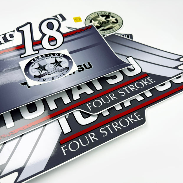 Vinyl graphic grey color decals set suitable for Tohatsu 18 hp four stroke outboard engine. Vinyl stickers kit for Tohatsu 18 hp four stroke Handmade
