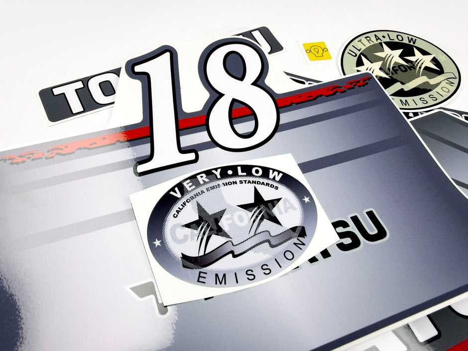 Vinyl graphic grey color decals set suitable for Tohatsu 18 hp four stroke outboard engine. Vinyl stickers kit for Tohatsu 18 hp four stroke Handmade