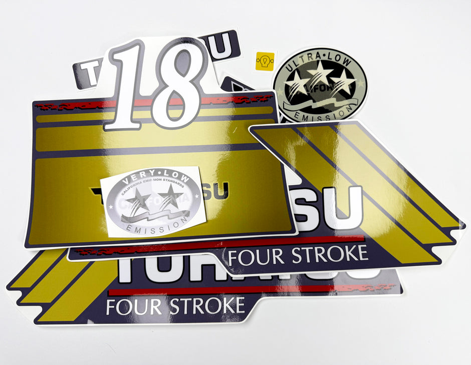 Vinyl graphic gold color decals set suitable for Tohatsu 18 hp four stroke outboard engine. Vinyl stickers kit for Tohatsu 18 hp four stroke Handmade