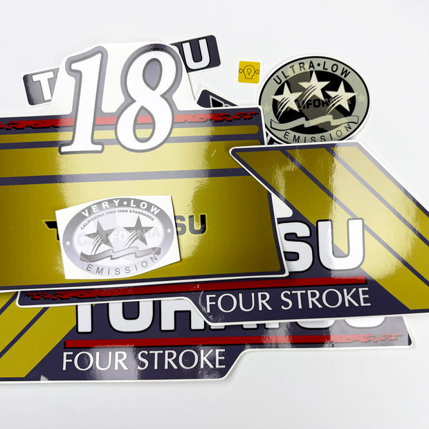 Vinyl graphic gold color decals set suitable for Tohatsu 18 hp four stroke outboard engine. Vinyl stickers kit for Tohatsu 18 hp four stroke Handmade