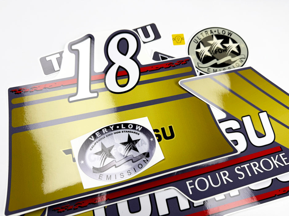Vinyl graphic gold color decals set suitable for Tohatsu 18 hp four stroke outboard engine. Vinyl stickers kit for Tohatsu 18 hp four stroke Handmade