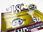 Vinyl graphic gold color decals set suitable for Tohatsu 18 hp four stroke outboard engine. Vinyl stickers kit for Tohatsu 18 hp four stroke Handmade
