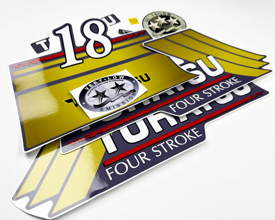 Vinyl graphic gold color decals set suitable for Tohatsu 18 hp four stroke outboard engine. Vinyl stickers kit for Tohatsu 18 hp four stroke Handmade