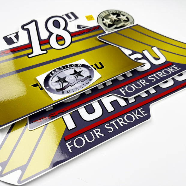 Vinyl graphic gold color decals set suitable for Tohatsu 18 hp four stroke outboard engine. Vinyl stickers kit for Tohatsu 18 hp four stroke Handmade