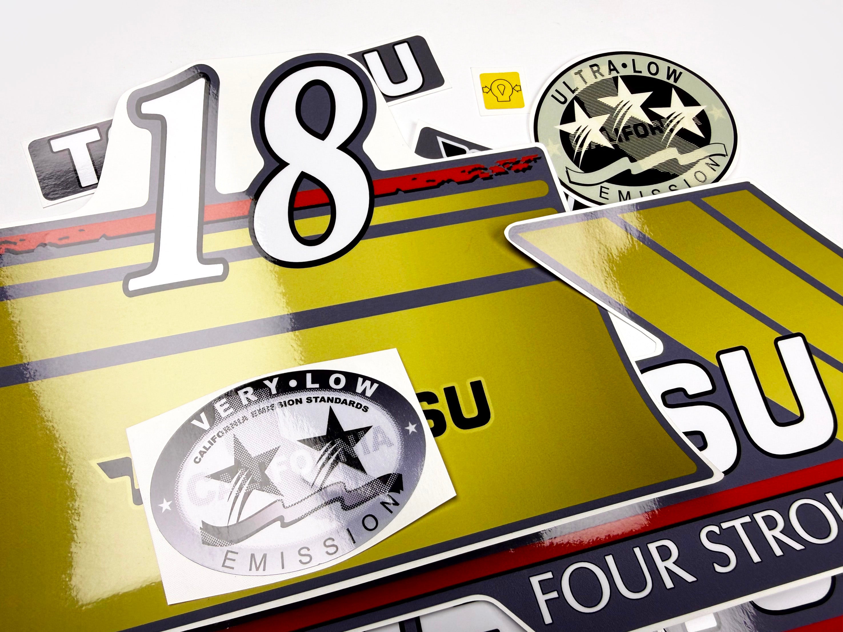 Vinyl graphic gold color decals set suitable for Tohatsu 18 hp four stroke outboard engine. Vinyl stickers kit for Tohatsu 18 hp four stroke Handmade