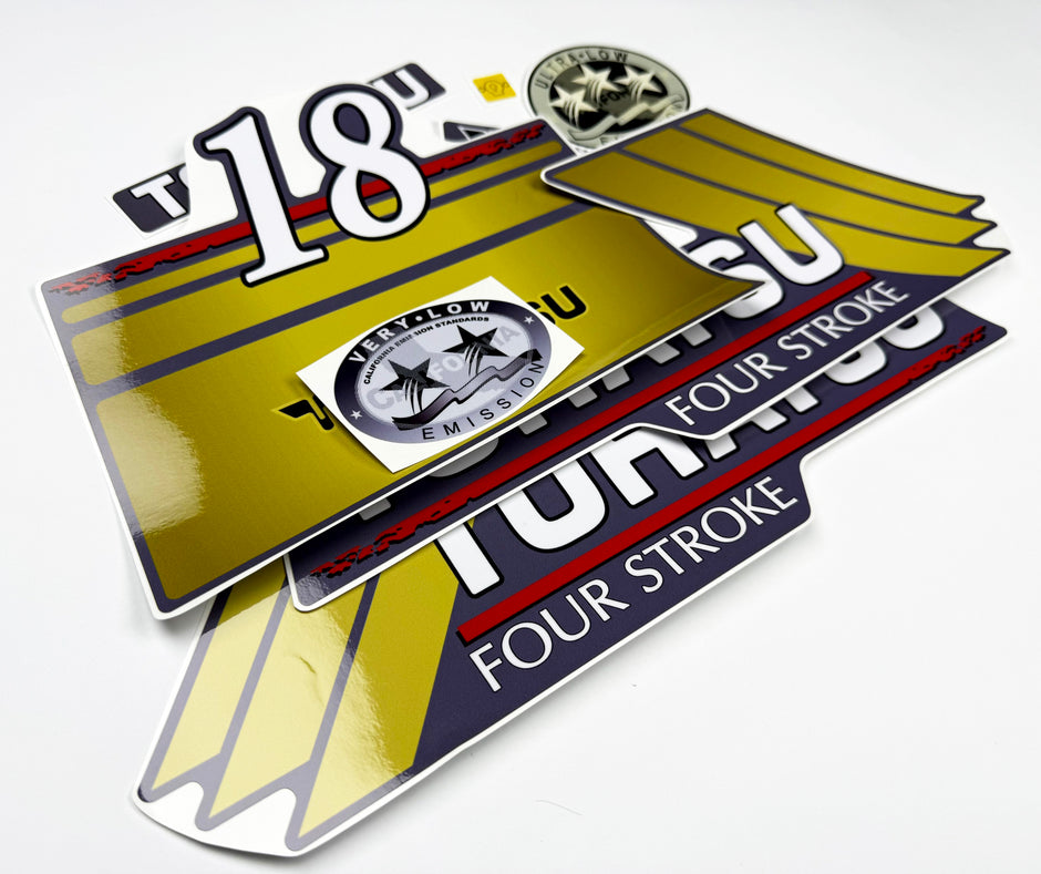 Vinyl graphic gold color decals set suitable for Tohatsu 18 hp four stroke outboard engine. Vinyl stickers kit for Tohatsu 18 hp four stroke Handmade