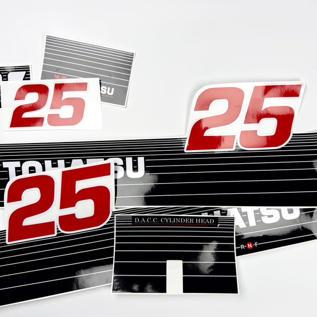 Vinyl graphic decals set suitable for Tohatsu 25 hp two stroke outboard engine. Vinyl stickers kit for Tohatsu 25 hp two stroke Handmade