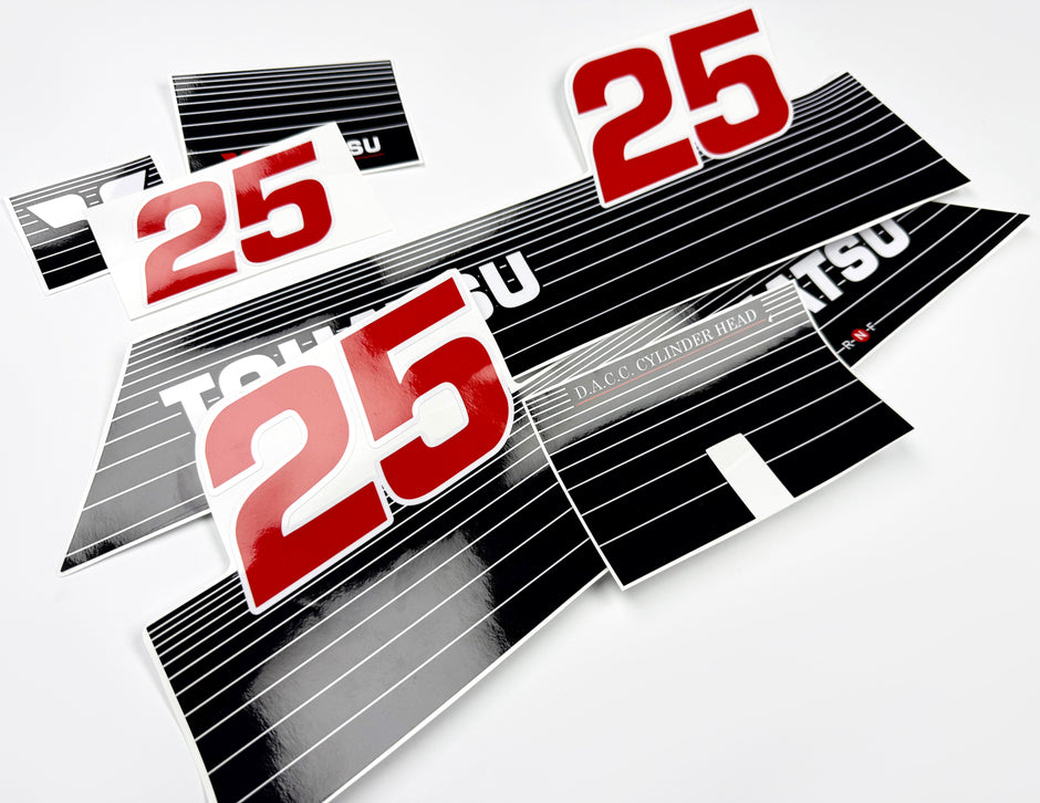 Vinyl graphic decals set suitable for Tohatsu 25 hp two stroke outboard engine. Vinyl stickers kit for Tohatsu 25 hp two stroke Handmade