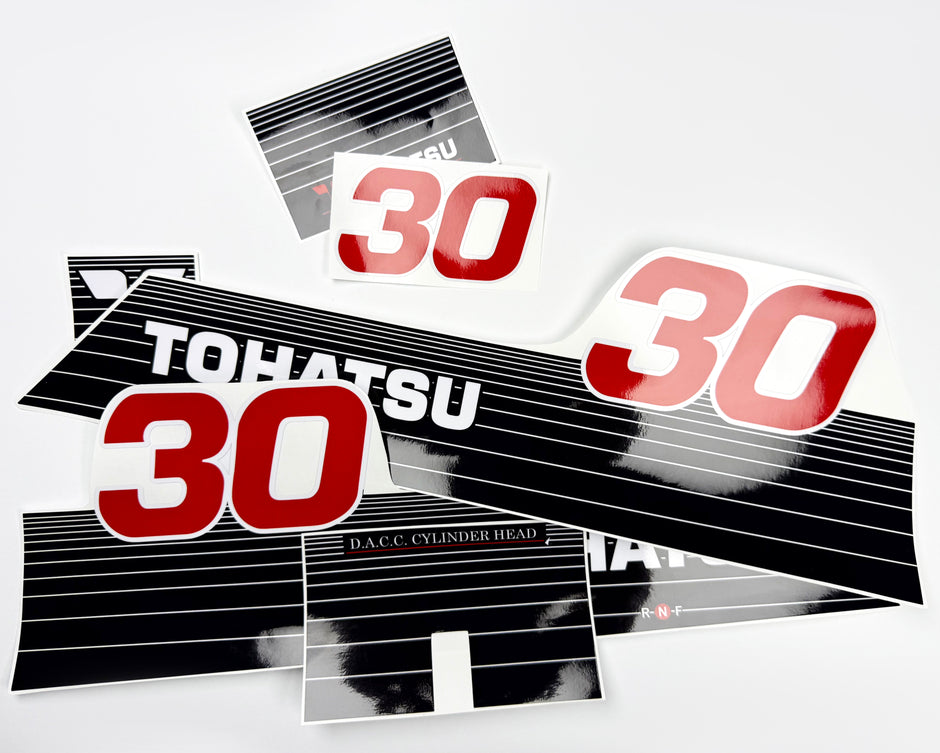 Vinyl graphic decals set suitable for Tohatsu 30 hp two stroke outboard engine. Vinyl stickers kit for Tohatsu 30 hp two stroke Handmade