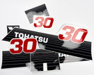 Vinyl graphic decals set suitable for Tohatsu 30 hp two stroke outboard engine. Vinyl stickers kit for Tohatsu 30 hp two stroke Handmade