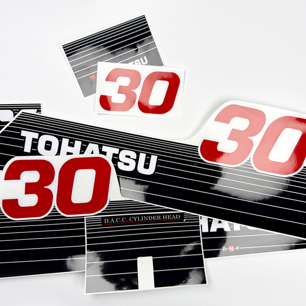 Vinyl graphic decals set suitable for Tohatsu 30 hp two stroke outboard engine. Vinyl stickers kit for Tohatsu 30 hp two stroke Handmade