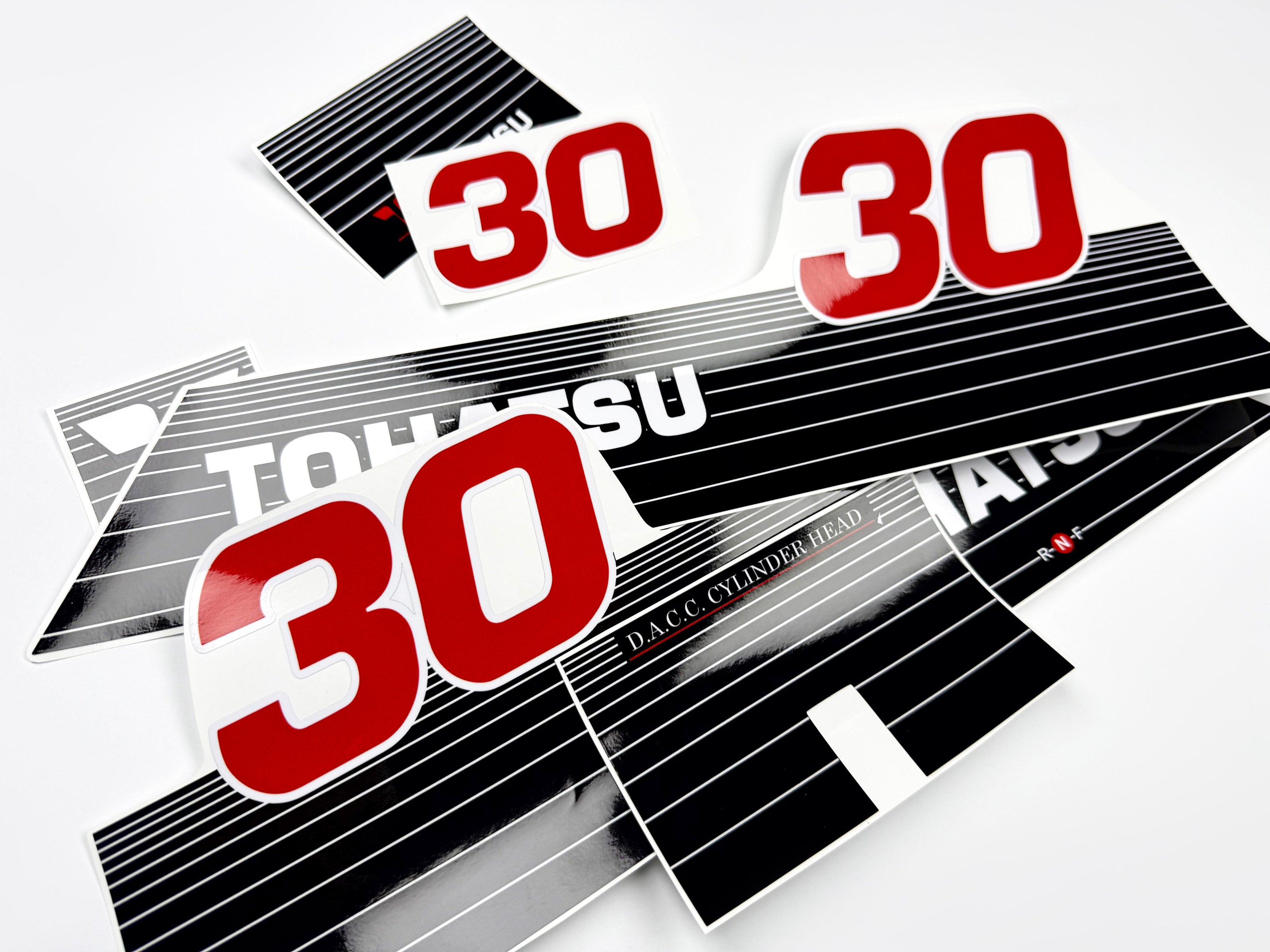 Vinyl graphic decals set suitable for Tohatsu 30 hp two stroke outboard engine. Vinyl stickers kit for Tohatsu 30 hp two stroke Handmade