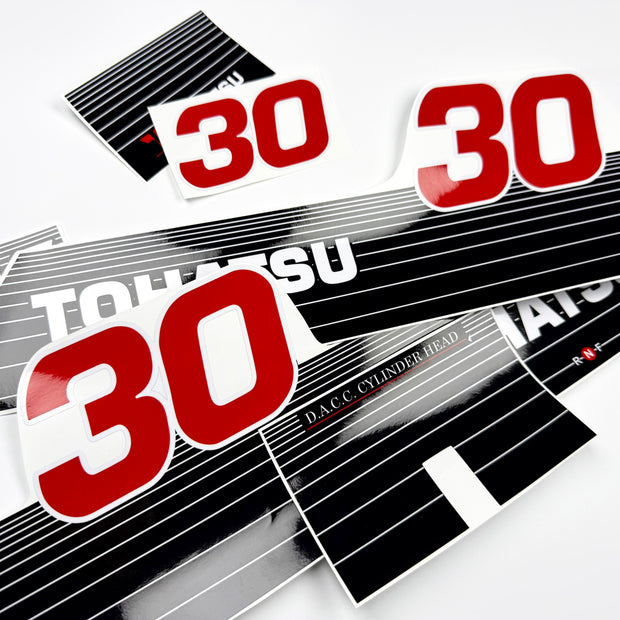 Vinyl graphic decals set suitable for Tohatsu 30 hp two stroke outboard engine. Vinyl stickers kit for Tohatsu 30 hp two stroke Handmade