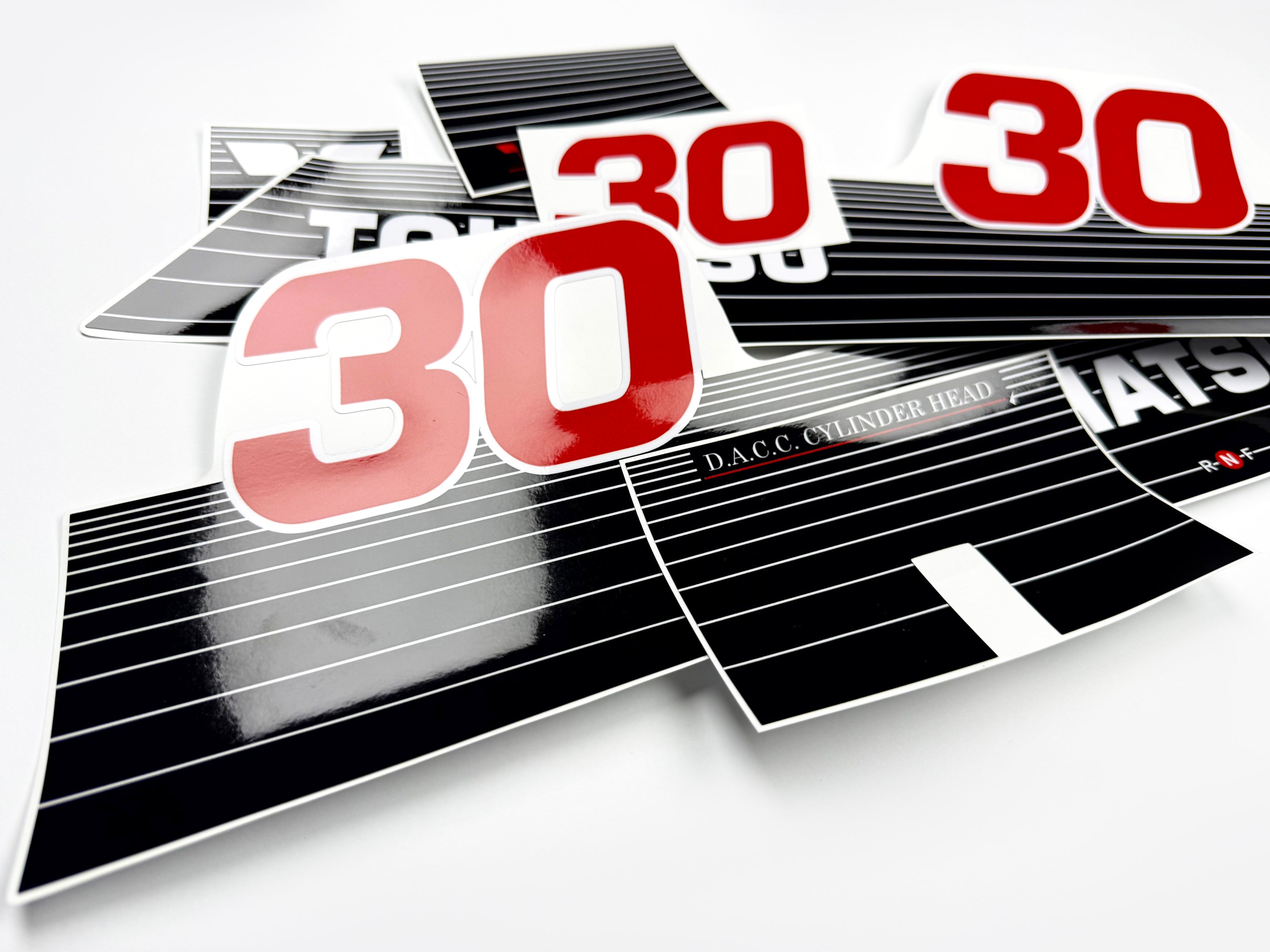 Vinyl graphic decals set suitable for Tohatsu 30 hp two stroke outboard engine. Vinyl stickers kit for Tohatsu 30 hp two stroke Handmade