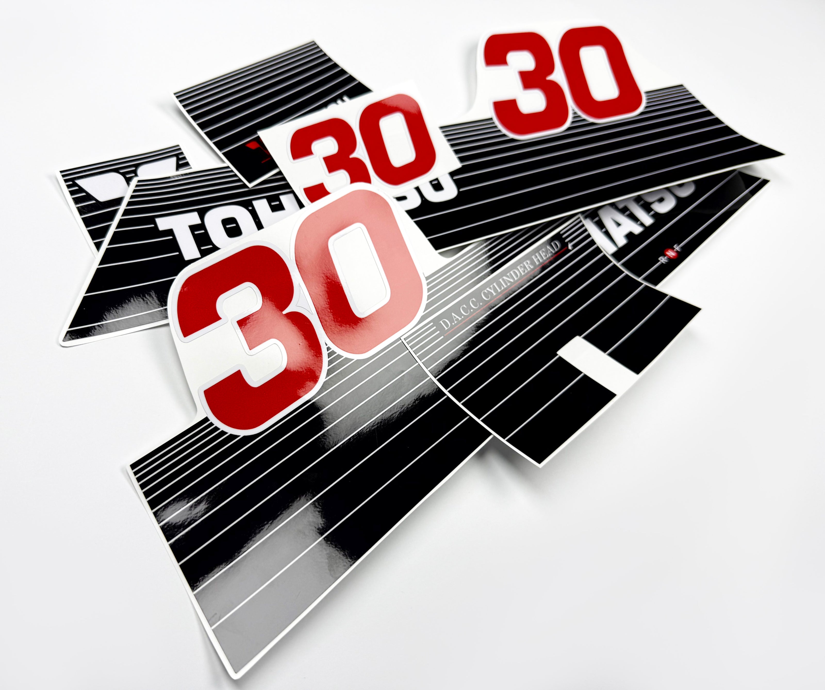 Vinyl graphic decals set suitable for Tohatsu 30 hp two stroke outboard engine. Vinyl stickers kit for Tohatsu 30 hp two stroke Handmade