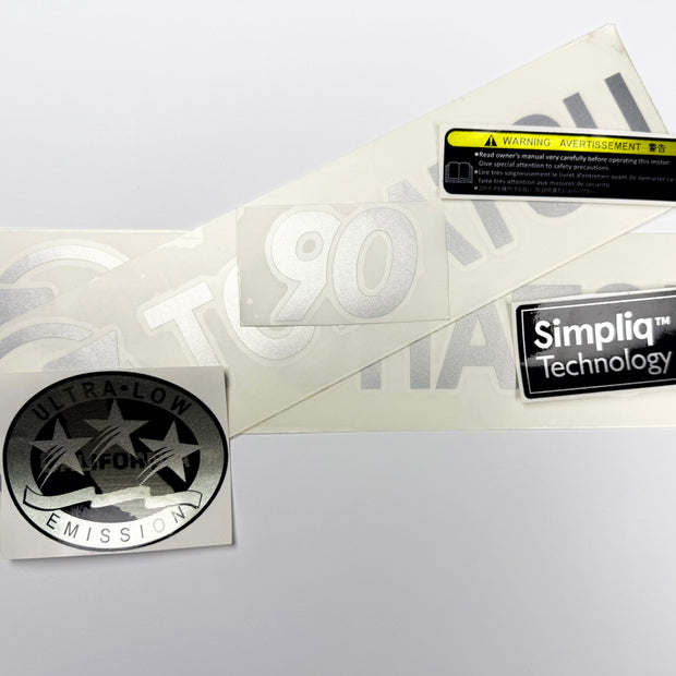Vinyl graphic silver shimmer color decals set suitable for Tohatsu 90 hp four stroke outboard engine. Vinyl stickers kit for Tohatsu 90 hp four stroke Handmade