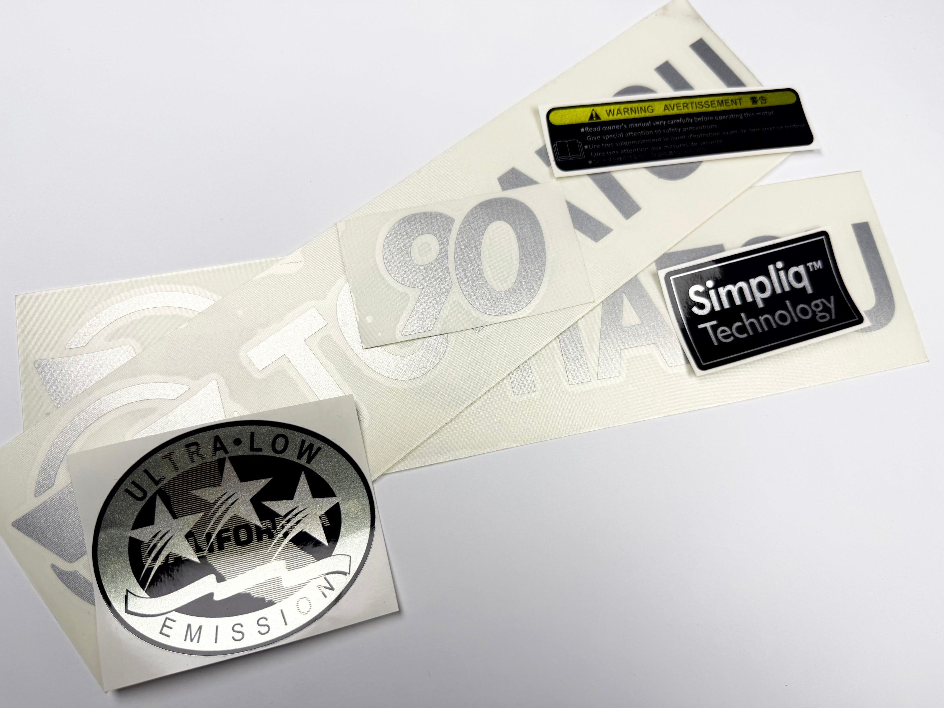 Vinyl graphic silver shimmer color decals set suitable for Tohatsu 90 hp four stroke outboard engine. Vinyl stickers kit for Tohatsu 90 hp four stroke Handmade