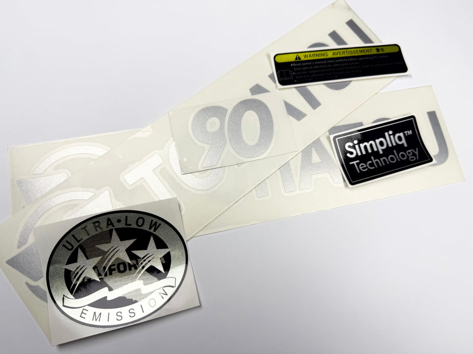 Vinyl graphic silver shimmer color decals set suitable for Tohatsu 90 hp four stroke outboard engine. Vinyl stickers kit for Tohatsu 90 hp four stroke Handmade