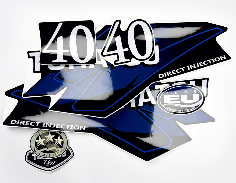 Vinyl graphic blue decals set suitable for Tohatsu 40 hp two stroke outboard engine. Vinyl stickers kit for Tohatsu 40 hp two stroke Handmade