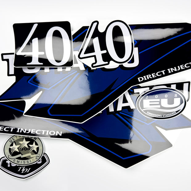 Vinyl graphic blue decals set suitable for Tohatsu 40 hp two stroke outboard engine. Vinyl stickers kit for Tohatsu 40 hp two stroke Handmade