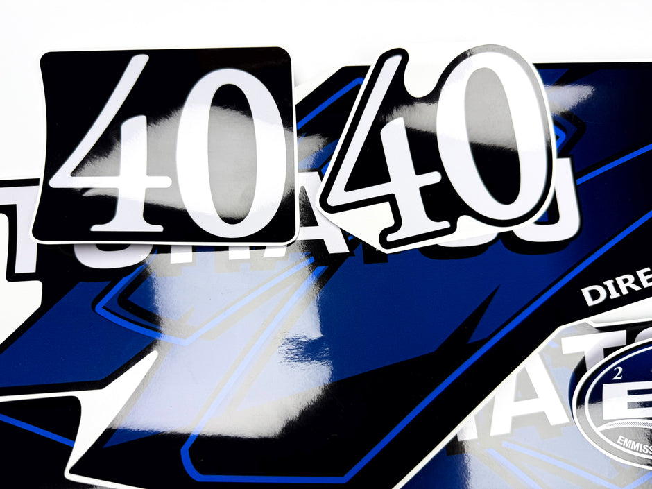 Vinyl graphic blue decals set suitable for Tohatsu 40 hp two stroke outboard engine. Vinyl stickers kit for Tohatsu 40 hp two stroke Handmade