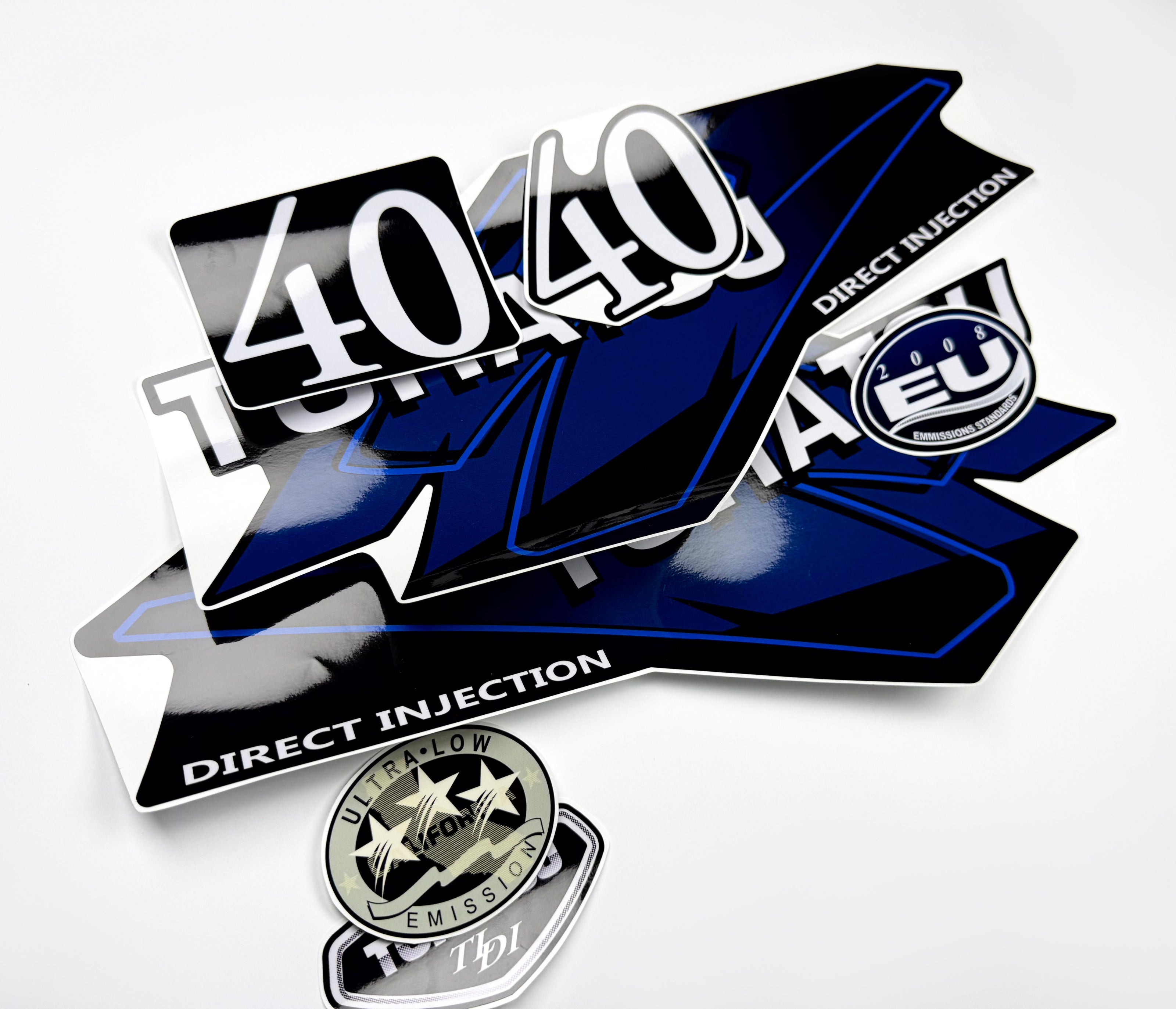 Vinyl graphic blue decals set suitable for Tohatsu 40 hp two stroke outboard engine. Vinyl stickers kit for Tohatsu 40 hp two stroke Handmade
