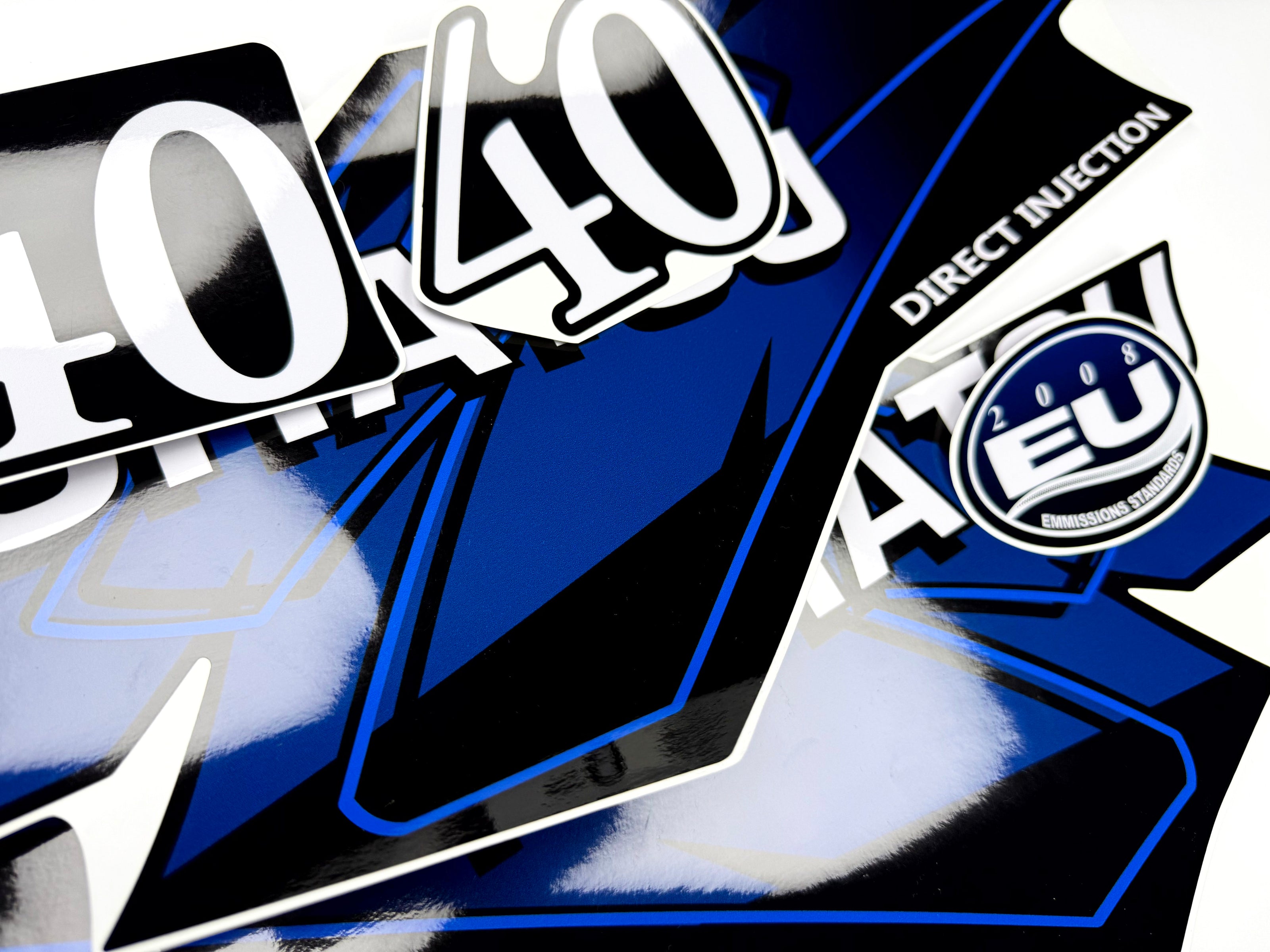 Vinyl graphic blue decals set suitable for Tohatsu 40 hp two stroke outboard engine. Vinyl stickers kit for Tohatsu 40 hp two stroke Handmade