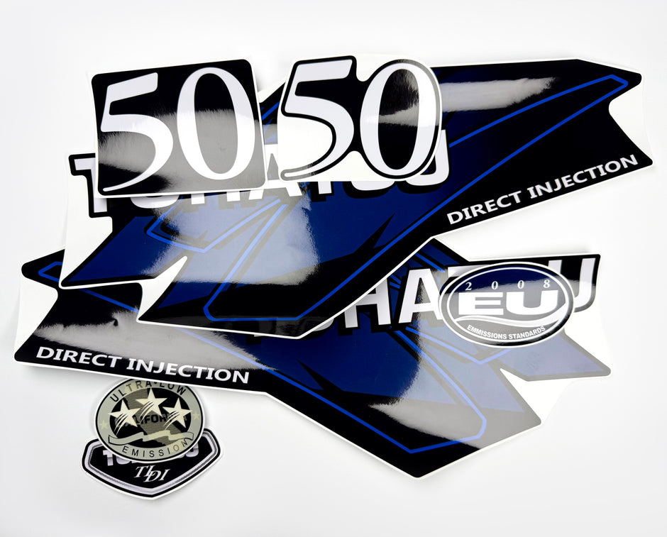 Vinyl graphic blue decals set suitable for Tohatsu 50 hp two stroke outboard engine. Vinyl stickers kit for Tohatsu 50 hp two stroke Handmade