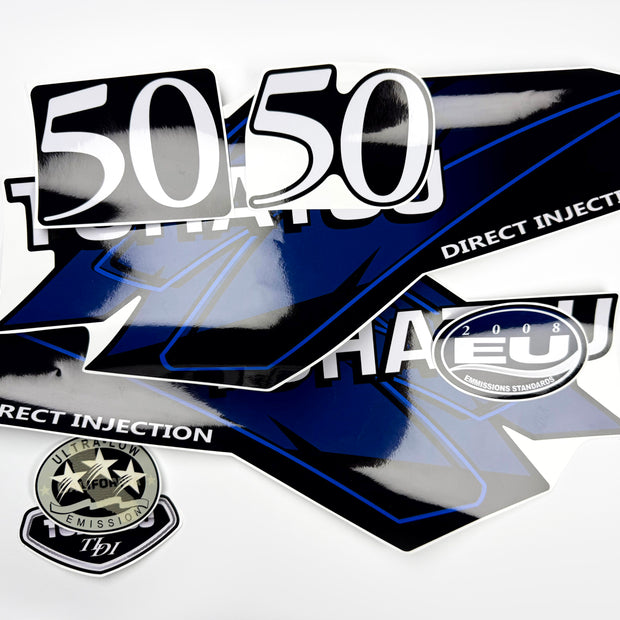 Vinyl graphic blue decals set suitable for Tohatsu 50 hp two stroke outboard engine. Vinyl stickers kit for Tohatsu 50 hp two stroke Handmade