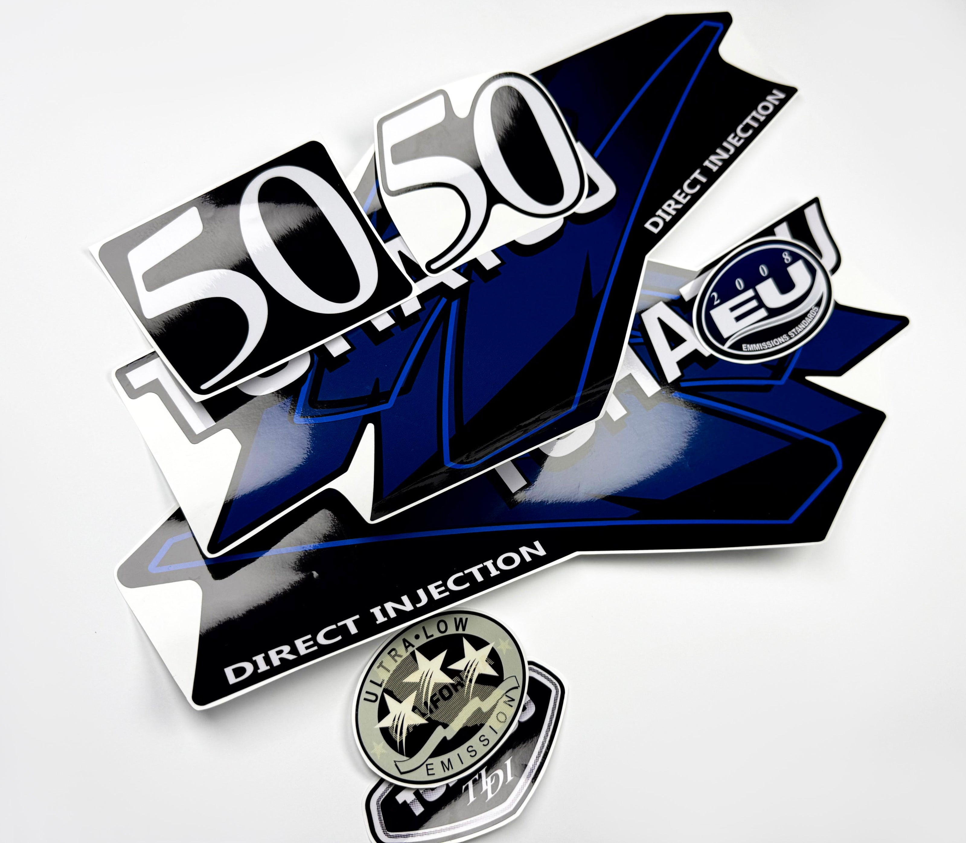 Vinyl graphic blue decals set suitable for Tohatsu 50 hp two stroke outboard engine. Vinyl stickers kit for Tohatsu 50 hp two stroke Handmade
