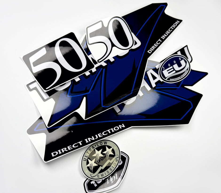 Vinyl graphic blue decals set suitable for Tohatsu 50 hp two stroke outboard engine. Vinyl stickers kit for Tohatsu 50 hp two stroke Handmade