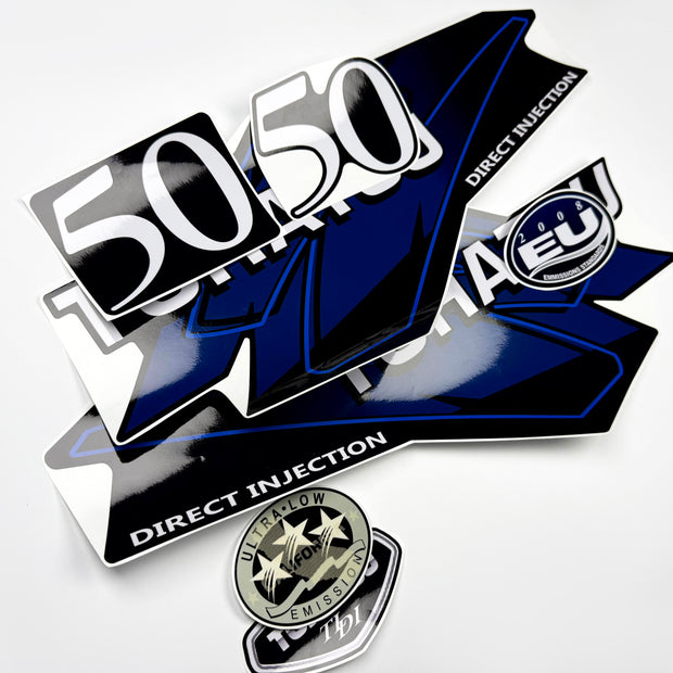 Vinyl graphic blue decals set suitable for Tohatsu 50 hp two stroke outboard engine. Vinyl stickers kit for Tohatsu 50 hp two stroke Handmade