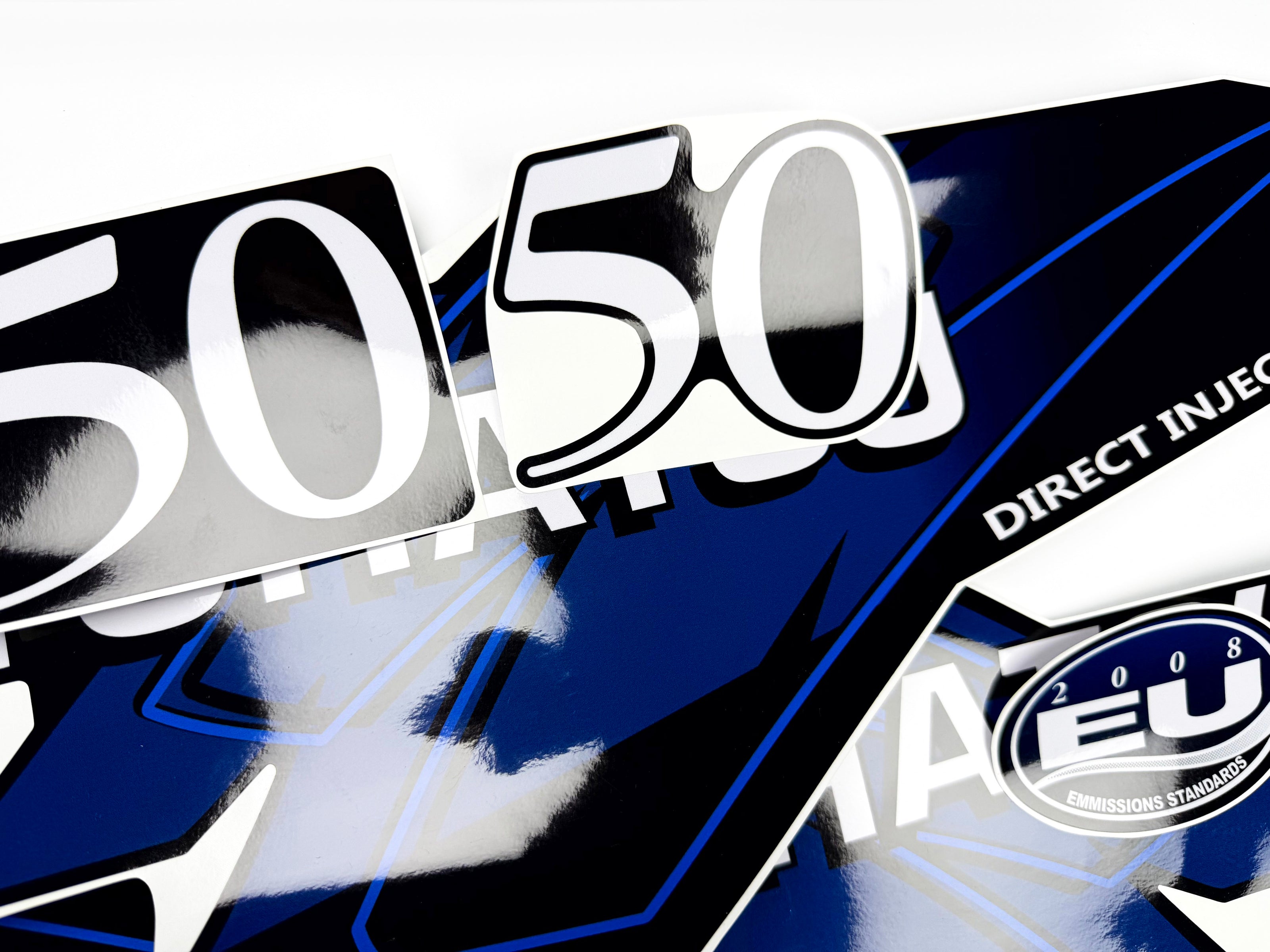 Vinyl graphic blue decals set suitable for Tohatsu 50 hp two stroke outboard engine. Vinyl stickers kit for Tohatsu 50 hp two stroke Handmade