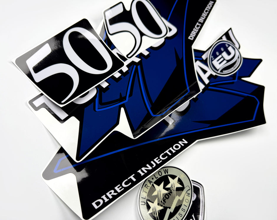 Vinyl graphic blue decals set suitable for Tohatsu 50 hp two stroke outboard engine. Vinyl stickers kit for Tohatsu 50 hp two stroke Handmade